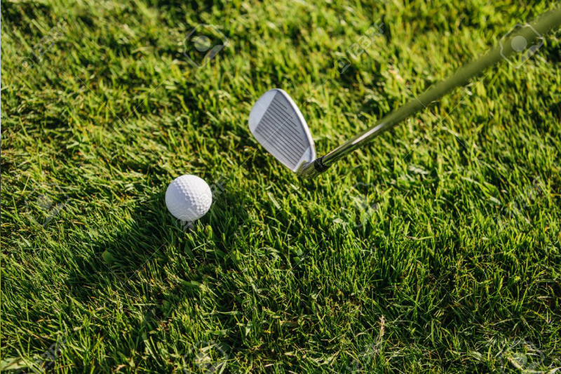 A Close-up view of Golf club and ball in green grass.